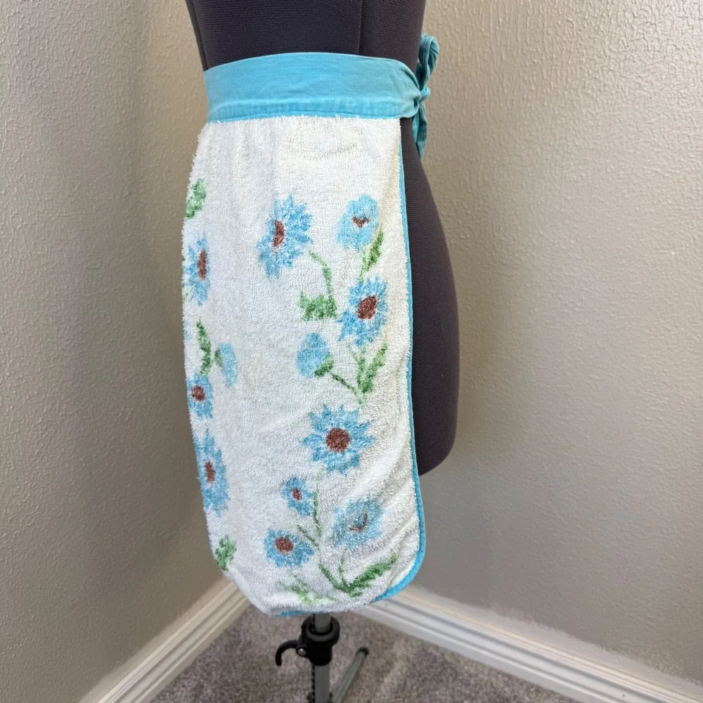 Vintage Terry Cloth Towel Half Apron Blue‎ Floral Pocket Handmade Retro Kitchen